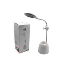 Desk lamp with fan, pen container, and USB cable for emergency and study.