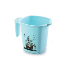 Plastic bathroom set with 6 pieces: bucket, dustbin, mug, stool, soap case, and tub, shown from various perspectives.