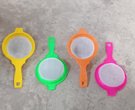 Versatile plastic strainer for juice and other liquids.