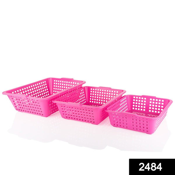 Multiple size plastic fruit baskets, large, medium, and small